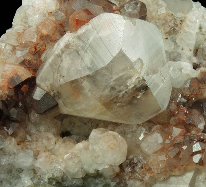Calcite on Analcime with Hematite coating from Croft Roadstone Quarry, Croft, Leicestershire, England