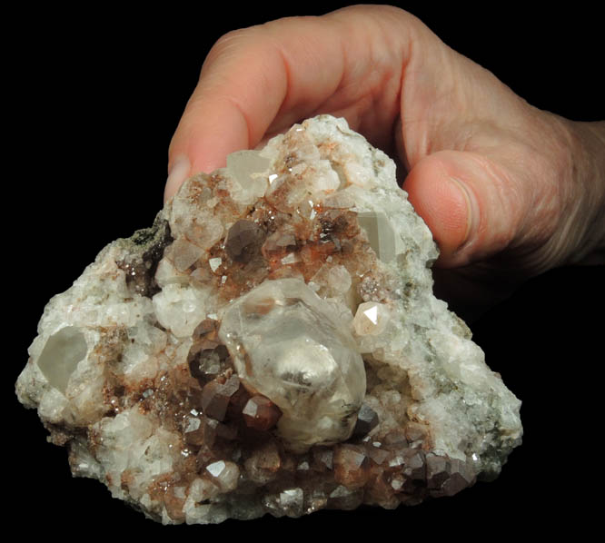 Calcite on Analcime with Hematite coating from Croft Roadstone Quarry, Croft, Leicestershire, England