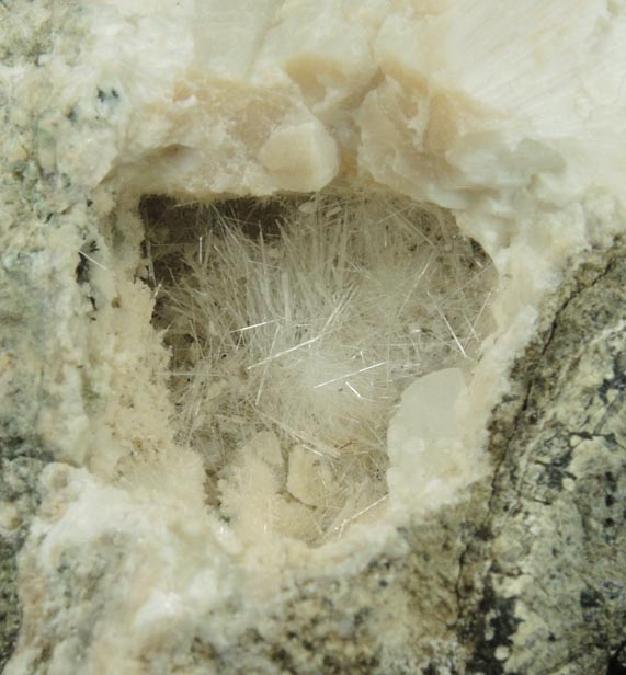 Mesolite-Natrolite on Calcite from Upper New Street Quarry, Paterson, Passaic County, New Jersey