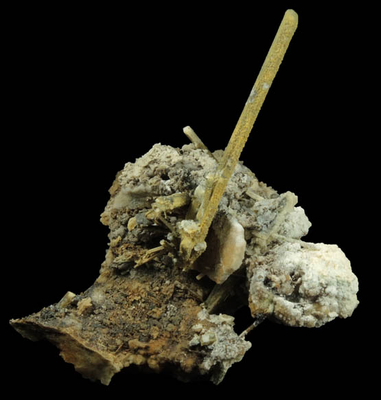 Stibiconite pseudomorphs after Stibnite on Calcite from Mina San José, 10 km south of Real de Catorce, San Luis Potosí, Mexico