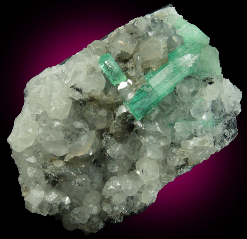 Beryl var. Emerald on Calcite from Muzo Mine, Vasquez-Yacopi Mining District, Boyac Department, Colombia