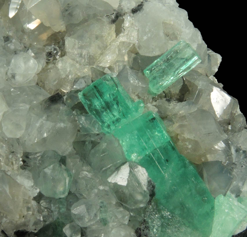 Beryl var. Emerald on Calcite from Muzo Mine, Vasquez-Yacopi Mining District, Boyac Department, Colombia