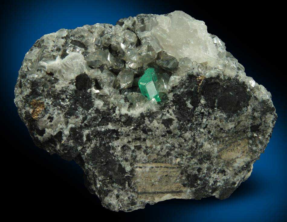 Beryl var. Emerald on Calcite from Muzo Mine, Vasquez-Yacopi Mining District, Boyac Department, Colombia