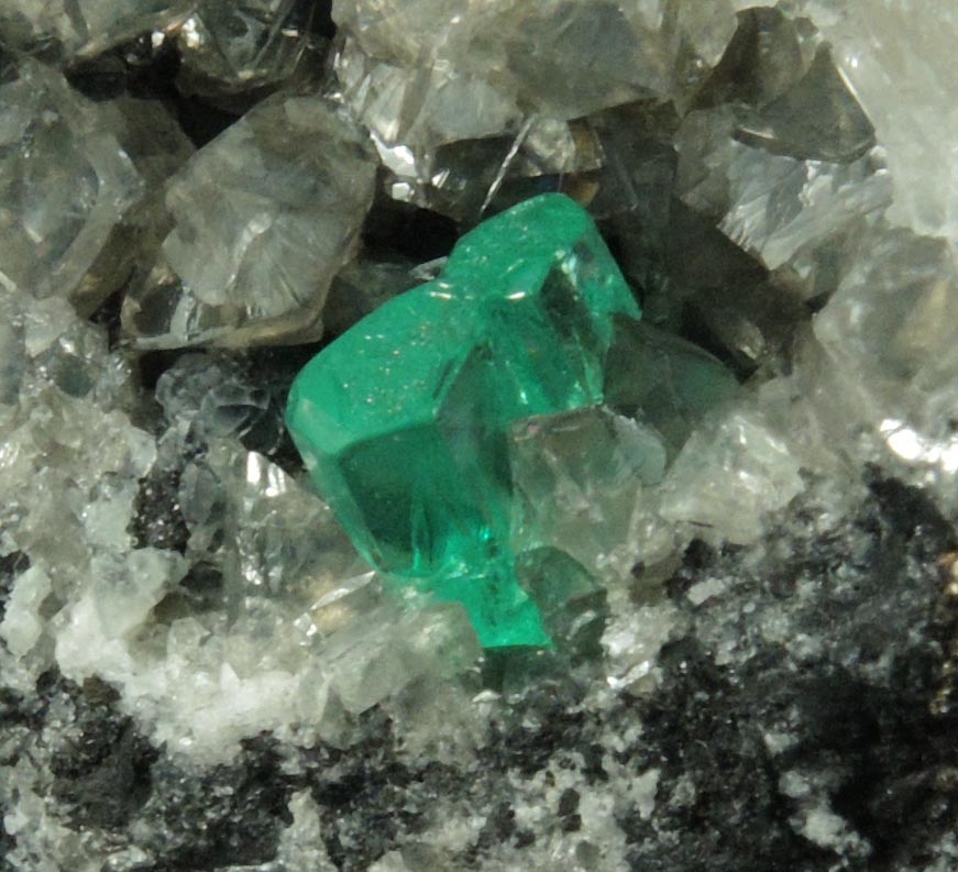 Beryl var. Emerald on Calcite from Muzo Mine, Vasquez-Yacopi Mining District, Boyacá Department, Colombia