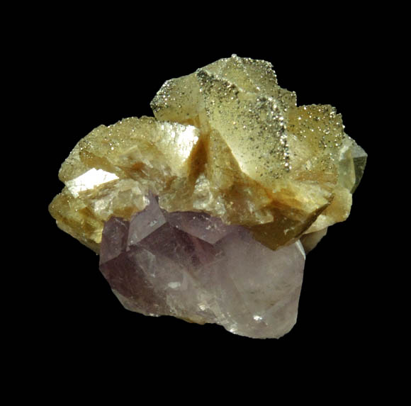 Pyrite on Calcite over Amethyst Quartz from Simeone Quarry, Wrentham, Norfolk County, Massachusetts