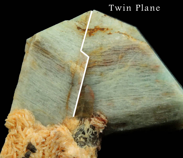 Microcline var. Amazonite (twinned crystals) with Albite from Lake George District, Park County, Colorado