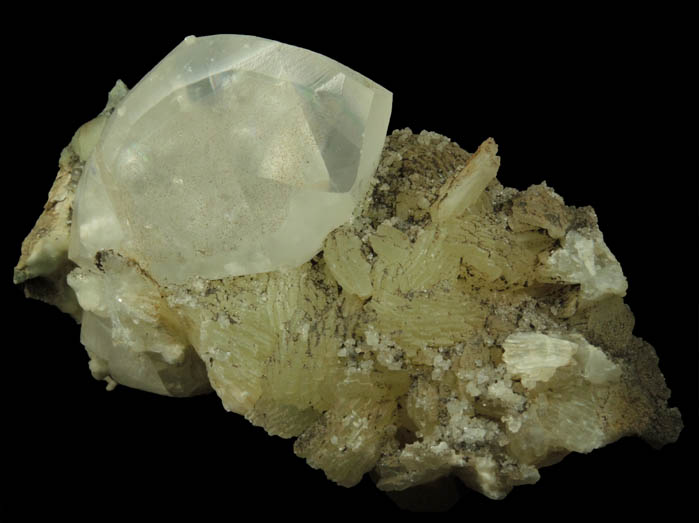 Calcite on Prehnite with pseudomorphic molds after Anhydrite from Millington Quarry, Bernards Township, Somerset County, New Jersey