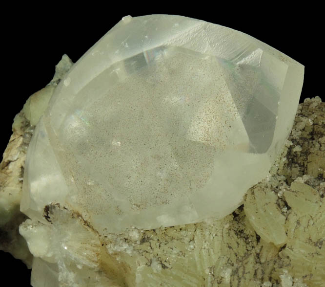 Calcite on Prehnite with pseudomorphic molds after Anhydrite from Millington Quarry, Bernards Township, Somerset County, New Jersey