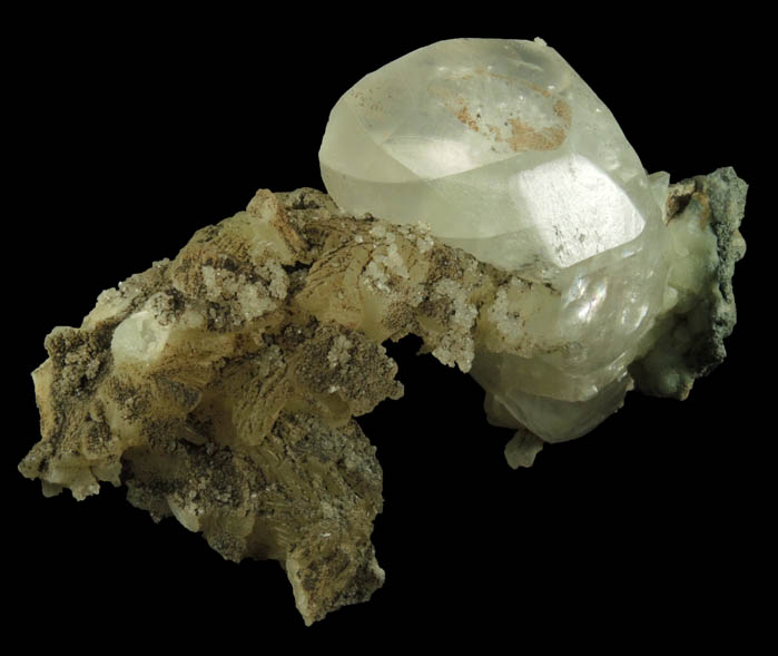 Calcite on Prehnite with pseudomorphic molds after Anhydrite from Millington Quarry, Bernards Township, Somerset County, New Jersey