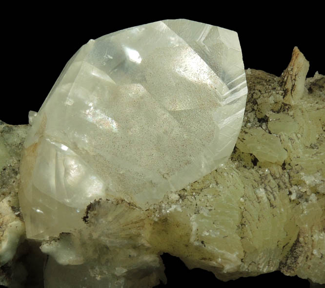 Calcite on Prehnite with pseudomorphic molds after Anhydrite from Millington Quarry, Bernards Township, Somerset County, New Jersey