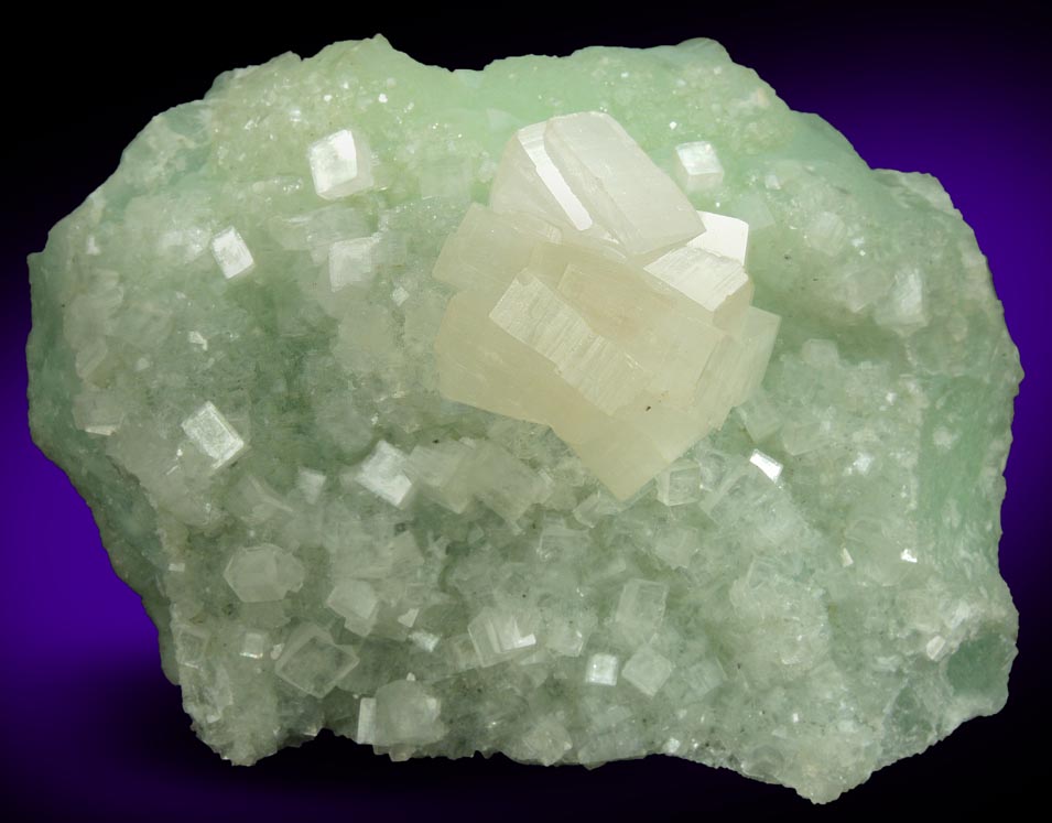 Hydroxyapophyllite-(K) (formerly apophyllite-(KOH)) on Prehnite from Fairfax Quarry, 6.4 km west of Centreville, Fairfax County, Virginia