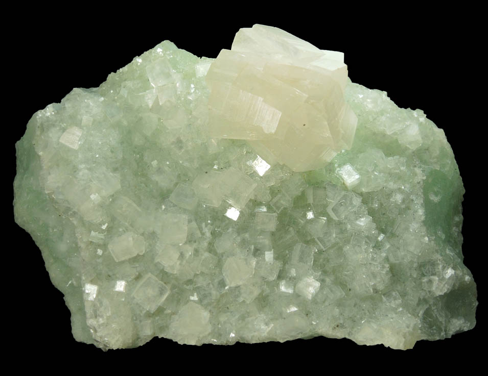 Hydroxyapophyllite-(K) (formerly apophyllite-(KOH)) on Prehnite from Fairfax Quarry, 6.4 km west of Centreville, Fairfax County, Virginia