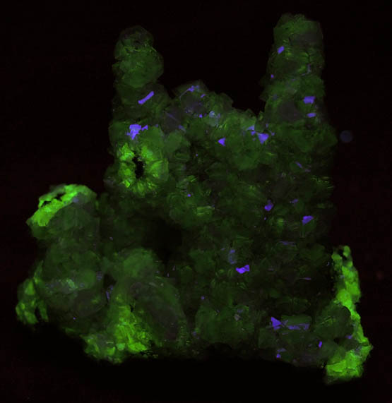 Photo below under shortwave ultraviolet illumination of Adamite (stalactitic) from Mina Ojuela, Mapimi, Durango, Mexico Adamite (stalactitic) from Mina Ojuela, Mapimi, Durango, Mexico