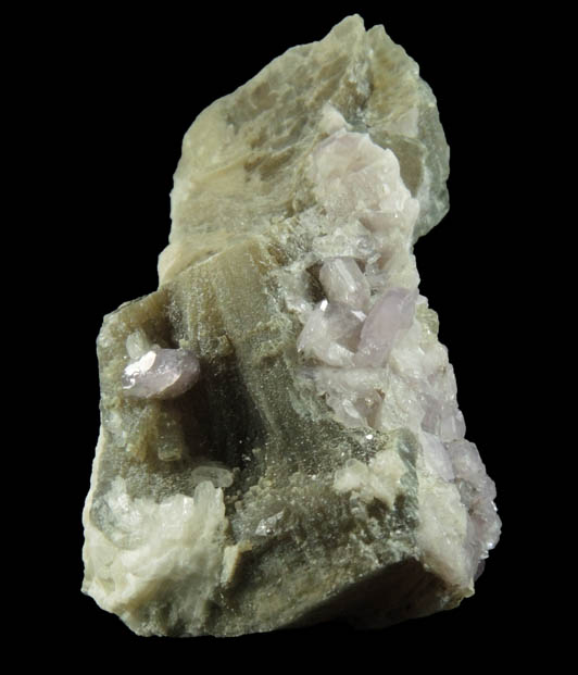 Fluorapatite var. Purple Apatite on columnar Muscovite from Emmons Quarry, southeastern slope of Uncle Tom Mountain,  Greenwood, Oxford County, Maine