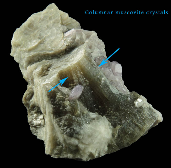 Fluorapatite var. Purple Apatite on columnar Muscovite from Emmons Quarry, southeastern slope of Uncle Tom Mountain,  Greenwood, Oxford County, Maine