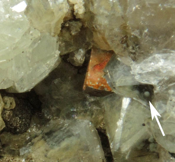 Pyrite, Calcite and Datolite on Quartz with unusual inclusions from Millington Quarry, Bernards Township, Somerset County, New Jersey