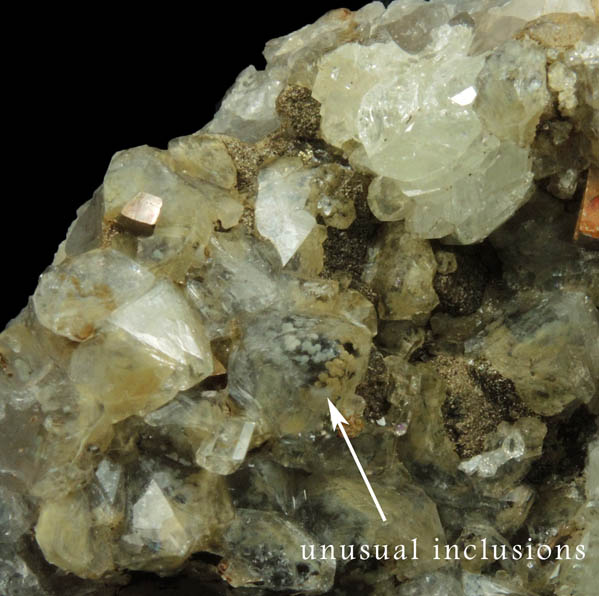 Pyrite, Calcite and Datolite on Quartz with unusual inclusions from Millington Quarry, Bernards Township, Somerset County, New Jersey