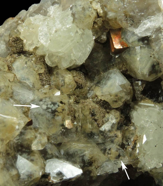 Pyrite, Calcite and Datolite on Quartz with unusual inclusions from Millington Quarry, Bernards Township, Somerset County, New Jersey