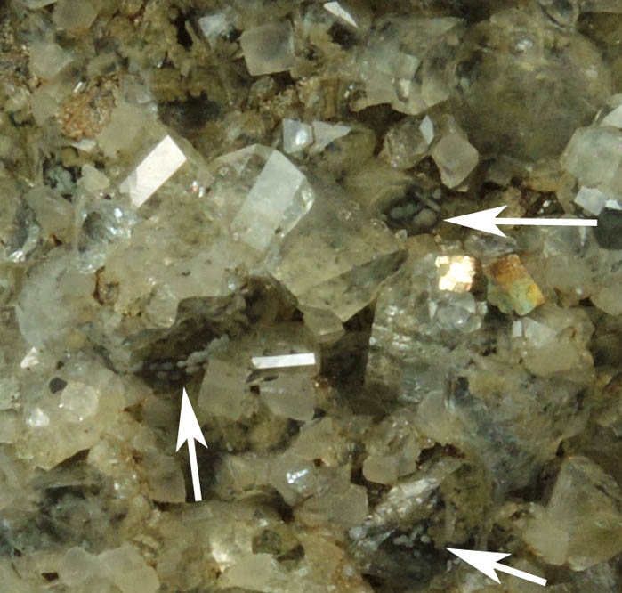 Pyrite, Calcite and Datolite on Quartz with unusual inclusions from Millington Quarry, Bernards Township, Somerset County, New Jersey