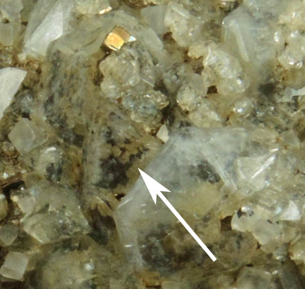 Pyrite, Calcite and Datolite on Quartz with unusual inclusions from Millington Quarry, Bernards Township, Somerset County, New Jersey