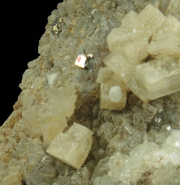 Calcite, Apophyllite, Pyrite on Prehnite pseudomorphs after Anhydrite from Millington Quarry, Bernards Township, Somerset County, New Jersey