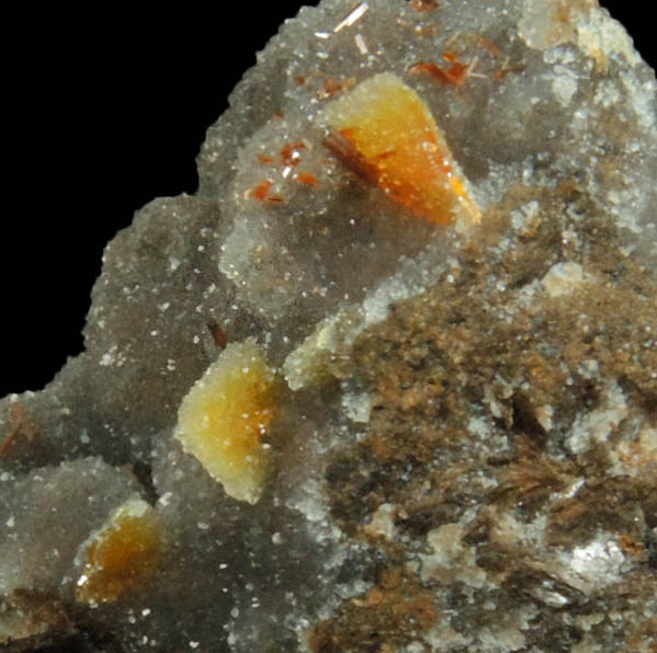 Wulfenite and Vanadinite on Quartz from Finch Mine, north of Hayden, Banner District, Gila County, Arizona
