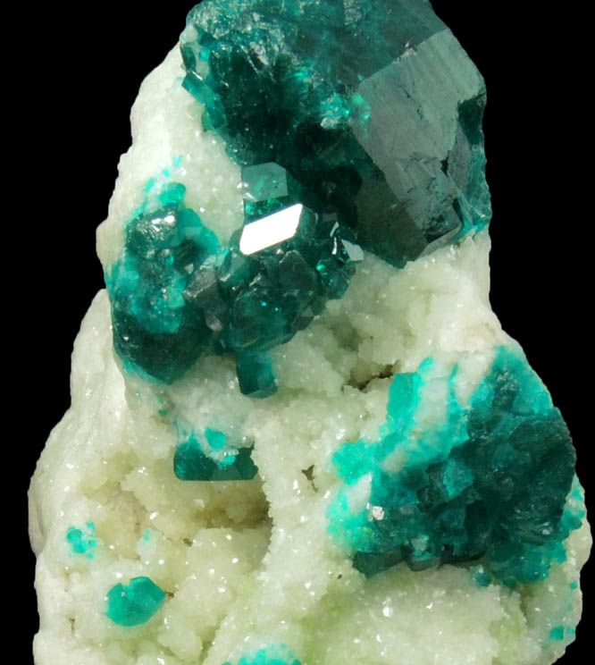 Dioptase on Calcite from Tsumeb Mine, Otavi-Bergland District, Oshikoto, Namibia