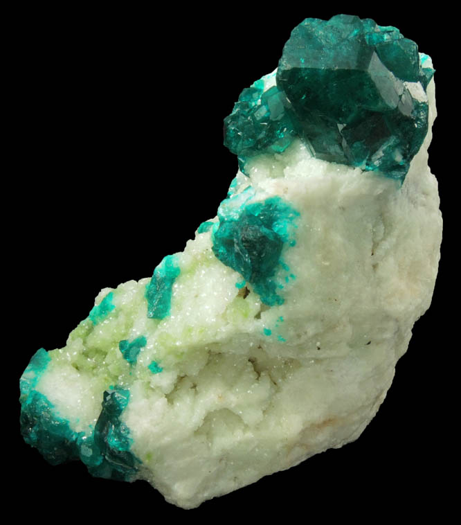 Dioptase on Calcite from Tsumeb Mine, Otavi-Bergland District, Oshikoto, Namibia