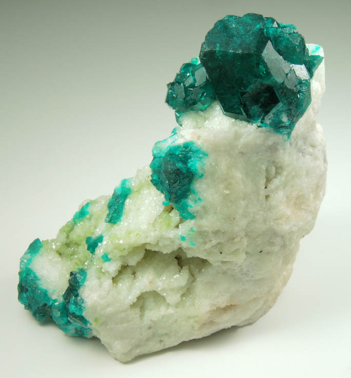 Dioptase on Calcite from Tsumeb Mine, Otavi-Bergland District, Oshikoto, Namibia