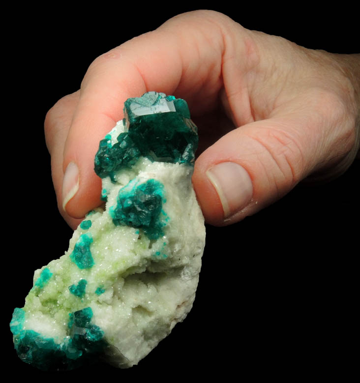 Dioptase on Calcite from Tsumeb Mine, Otavi-Bergland District, Oshikoto, Namibia