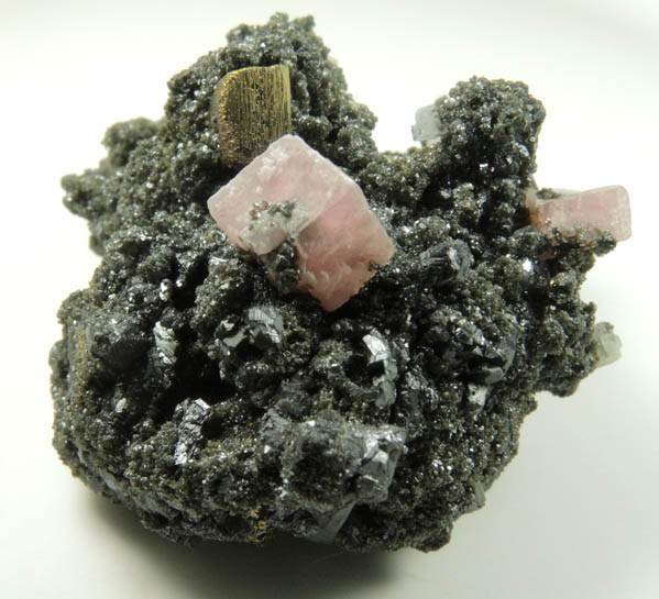 Rhodochrosite on Sphalerite with Pyrite from Eagle Mine, Gilman District, Eagle County, Colorado