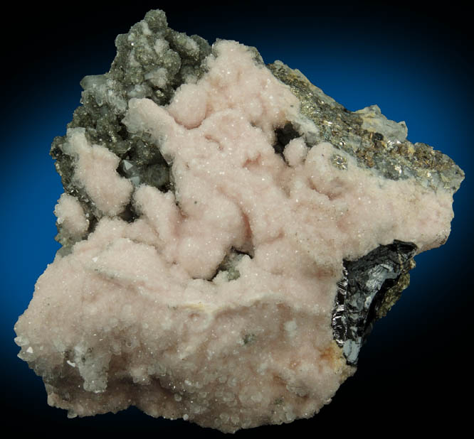 Rhodochrosite over Quartz, Pyrite, Sphalerite from Stantrg Mine, Trepca District, 7.5 km northeast of Kosozska Mitrovica, Kosovo