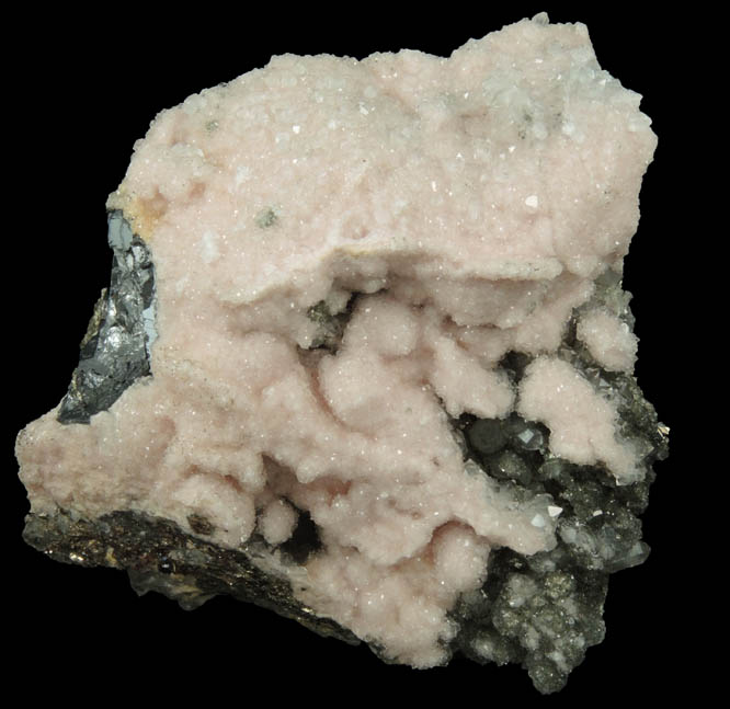 Rhodochrosite over Quartz, Pyrite, Sphalerite from Stantrg Mine, Trepca District, 7.5 km northeast of Kosozska Mitrovica, Kosovo