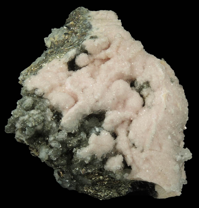 Rhodochrosite over Quartz, Pyrite, Sphalerite from Stantrg Mine, Trepca District, 7.5 km northeast of Kosozska Mitrovica, Kosovo