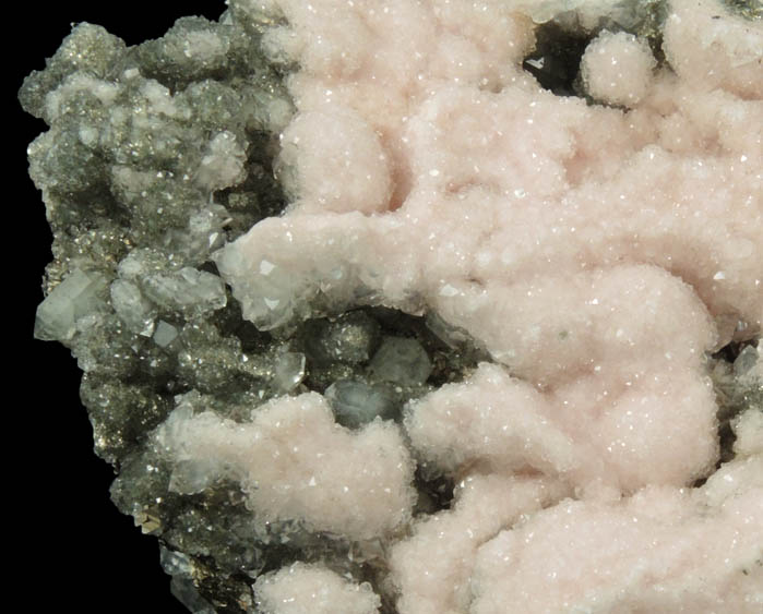 Rhodochrosite over Quartz, Pyrite, Sphalerite from Stantrg Mine, Trepca District, 7.5 km northeast of Kosozska Mitrovica, Kosovo