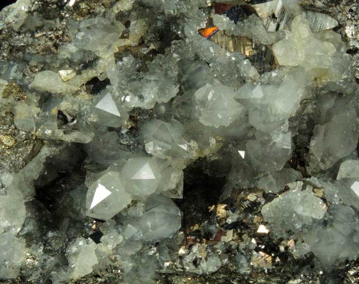 Rhodochrosite over Quartz, Pyrite, Sphalerite from Stantrg Mine, Trepca District, 7.5 km northeast of Kosozska Mitrovica, Kosovo