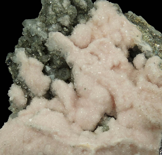 Rhodochrosite over Quartz, Pyrite, Sphalerite from Stantrg Mine, Trepca District, 7.5 km northeast of Kosozska Mitrovica, Kosovo