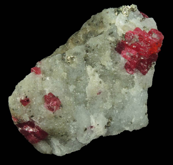 Spinel with Zircon in marble with Pyrite from Mogok District, 115 km NNE of Mandalay, border region between Sagaing and Mandalay Divisions, Myanmar