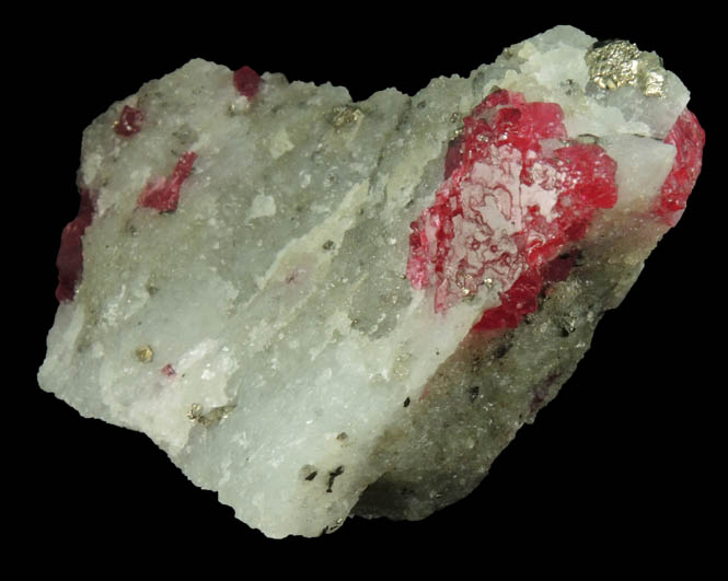 Spinel with Zircon in marble with Pyrite from Mogok District, 115 km NNE of Mandalay, Mandalay Division, Myanmar (Burma)