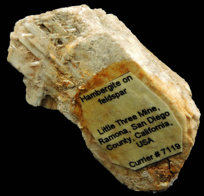 Hambergite on K-feldspar from Little Three Mine, Ramona District, San Diego County, California