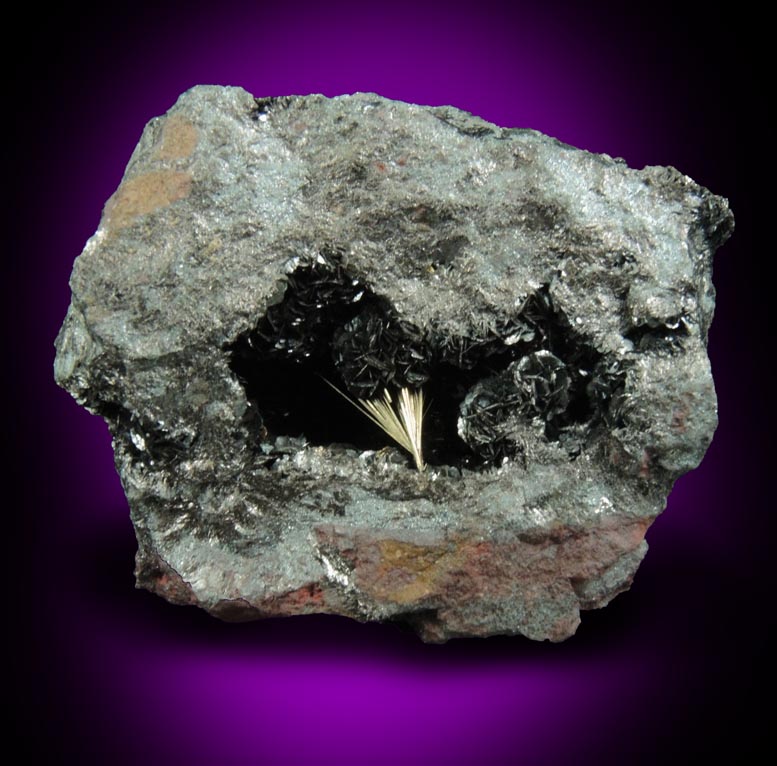 Millerite on Hematite from Sterling Mine, Antwerp, Jefferson County, New York