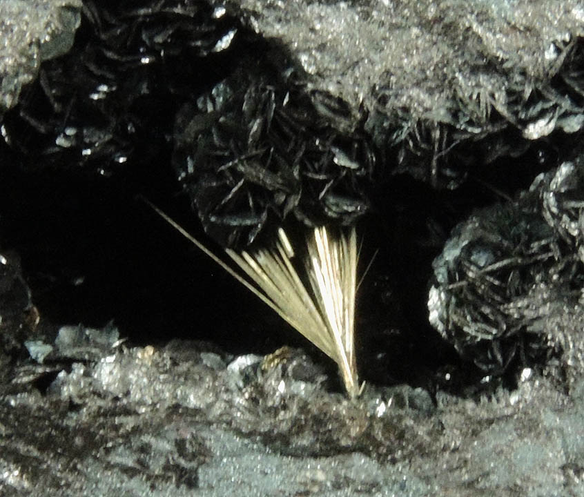 Millerite on Hematite from Sterling Mine, Antwerp, Jefferson County, New York