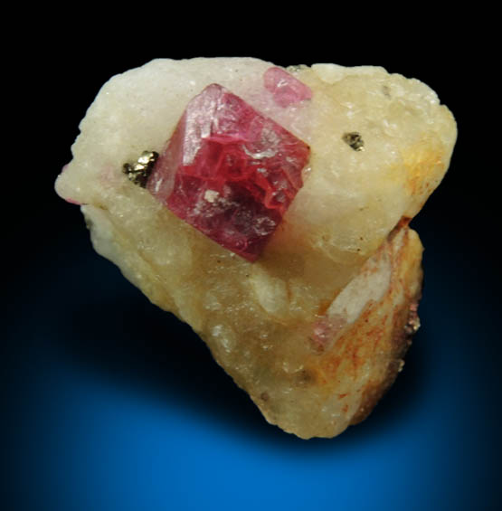 Spinel and Zircon in marble from Mogok District, 115 km NNE of Mandalay, Mandalay Division, Myanmar (Burma)