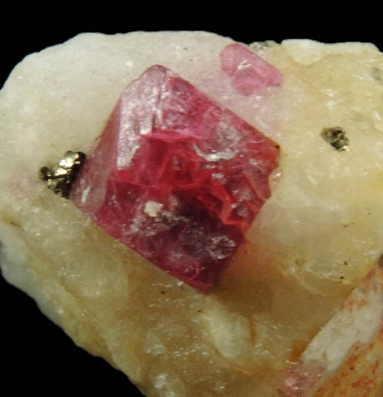 Spinel and Zircon in marble from Mogok District, 115 km NNE of Mandalay, Mandalay Division, Myanmar (Burma)