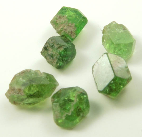 Andradite var. Demantoid Garnet (six crystals) from Klodovka, Ural Mountains, Chelyabinsk Oblast, Russia