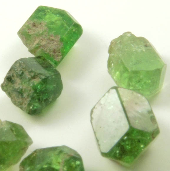 Andradite var. Demantoid Garnet (six crystals) from Klodovka, Ural Mountains, Chelyabinsk Oblast, Russia