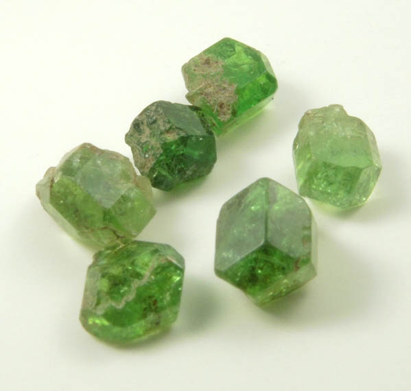 Andradite var. Demantoid Garnet (six crystals) from Klodovka, Ural Mountains, Chelyabinsk Oblast, Russia