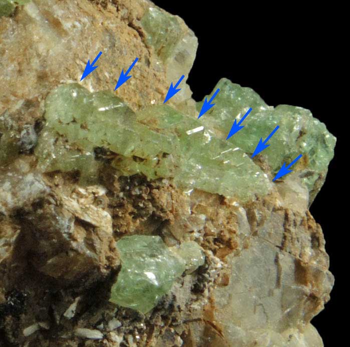 Grossular var. Tsavorite Garnet (unusual linear compound crystals) from Merelani Hills, near Arusha, Tanzania