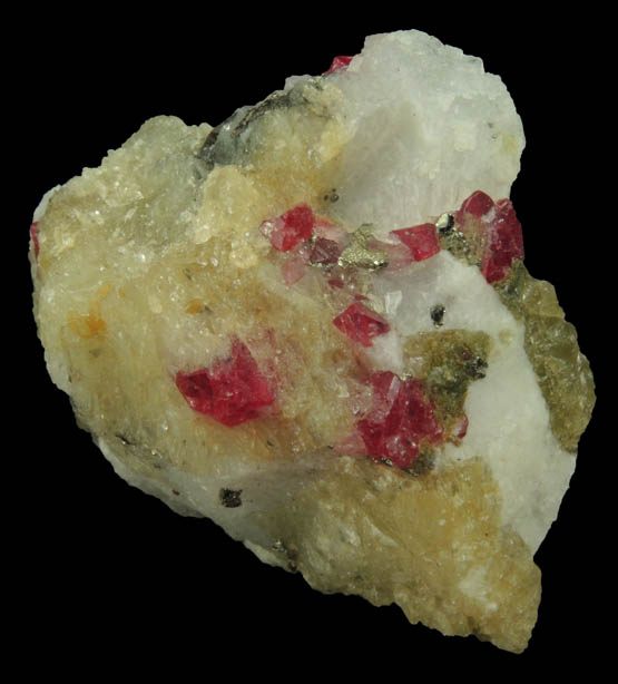 Spinel, Zircon, Pyrite in marble from Mogok District, 115 km NNE of Mandalay, Mandalay Division, Myanmar (Burma)