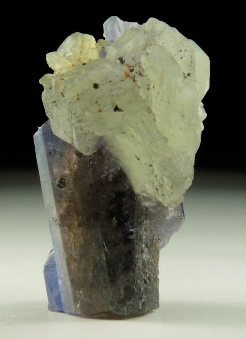 Prehnite on Tanzanite Crystal (blue gem variety of the mineral Zoisite) with Pyrite from Merelani Hills, western slope of Lelatama Mountains, Arusha Region, Tanzania (Type Locality for Tanzanite)